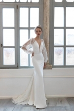 Fitted & Flare Plunge V Neckline with Sheer Sequin Lace Puffy Long Sleeves Wedding Dress - CB-08144PLD