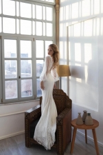 Fitted & Flare Plunge V Neckline with Sheer Sequin Lace Puffy Long Sleeves Wedding Dress - CB-08144PLD
