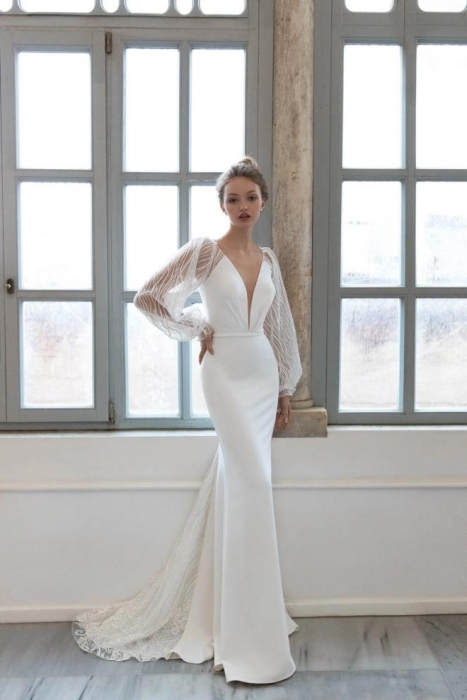 Fitted & Flare Plunge V Neckline with Sheer Sequin Lace Puffy Long Sleeves Wedding Dress - CB-08144PLD
