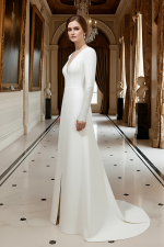 Fitted and Flare Crepe Long Sleeves  Wedding Dress - CB-F6001-A