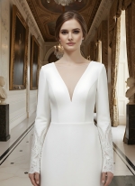 Fitted and Flare Crepe Long Sleeves  Wedding Dress - CB-F6001-A