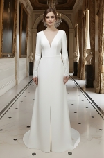 Fitted and Flare Crepe Long Sleeves  Wedding Dress - CB-F6001-A
