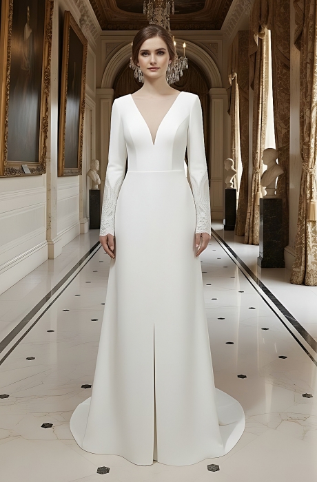 Fitted and Flare Crepe Long Sleeves  Wedding Dress - CB-F6001-A