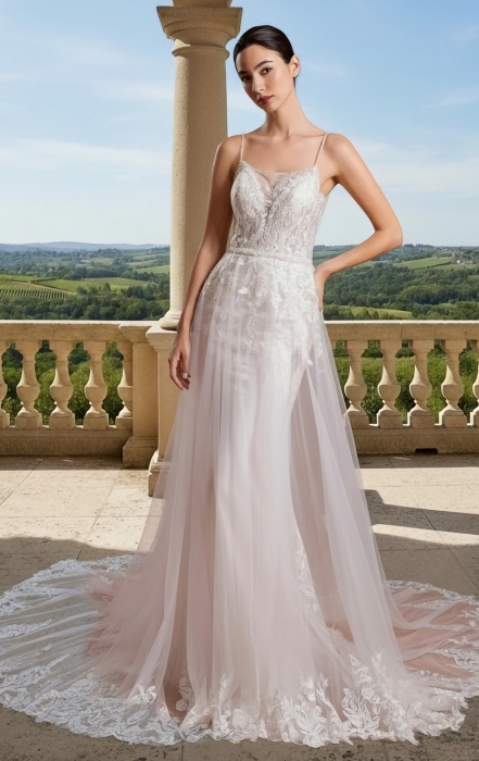 Fitted & Flare / A-line Overskirt Wedding Dress with Spaghetti Straps - BLM-F2010OS