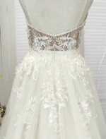 A-Line Beaded Floral Lace Appliqued Accent with Pearl Beads Plunge V neckline Tulle Wedding Dress - MO-A2004