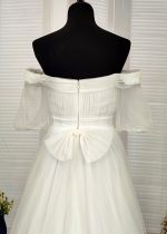 A-Line Pleated Tulle Wedding Dress with Off-Shoulder Short Sleeves- MO-A5002