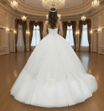 A-Line Pleated Tulle Wedding Dress with Off-Shoulder Short Sleeves- MO-A5002