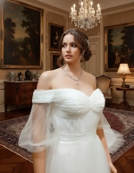 A-Line Pleated Tulle Wedding Dress with Off-Shoulder Short Sleeves- MO-A5002