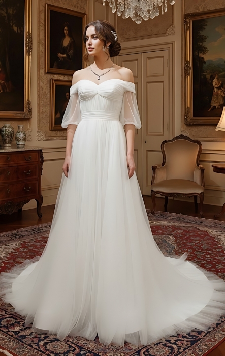 A-Line Pleated Tulle Wedding Dress with Off-Shoulder Short Sleeves- MO-A5002