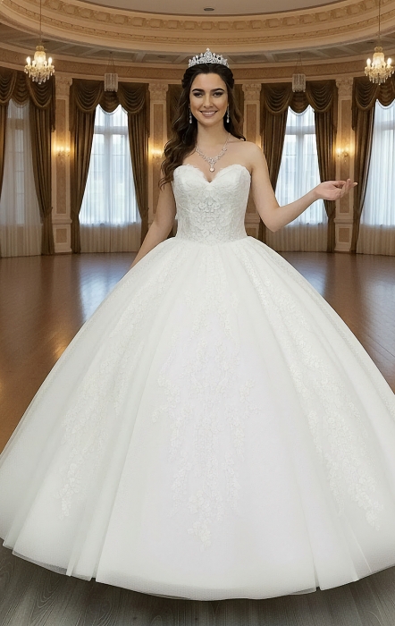 Ball Gown -Heavy Beaded and Sequined Floral Lace Appliqued Tulle Wedding Dress - MO-B1001