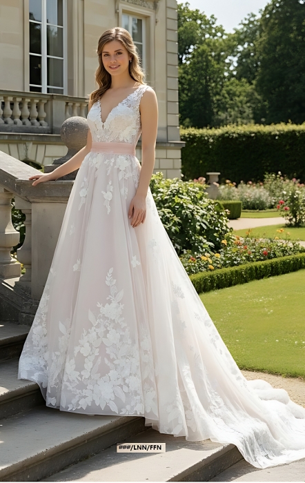 Ball Gown 3-D Floral lace Appliqued Tulle with Pleated Waist Band Wedding Dress - MO-B3001