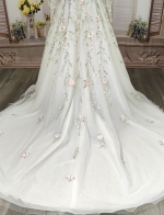 Ball Gown Pink Color Embroidery Floral Lace Appliqued Tulle with Sheer Lacy Bishop Long Sleeves Wedding Dress - MO-B6003