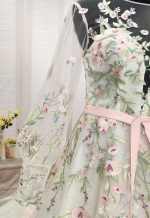 Ball Gown Pink Color Embroidery Floral Lace Appliqued Tulle with Sheer Lacy Bishop Long Sleeves Wedding Dress - MO-B6003