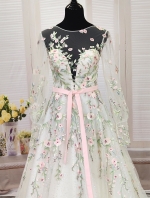 Ball Gown Pink Color Embroidery Floral Lace Appliqued Tulle with Sheer Lacy Bishop Long Sleeves Wedding Dress - MO-B6003
