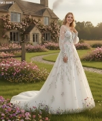 Ball Gown Pink Color Embroidery Floral Lace Appliqued Tulle with Sheer Lacy Bishop Long Sleeves Wedding Dress - MO-B6003