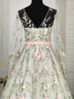Ball Gown Pink Color Embroidery Floral Lace Appliqued Tulle with Sheer Lacy Bishop Long Sleeves Wedding Dress - MO-B6003