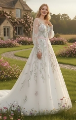Ball Gown Pink Color Embroidery Floral Lace Appliqued Tulle with Sheer Lacy Bishop Long Sleeves Wedding Dress - MO-B6003