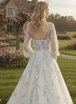 Ball Gown Pink Color Embroidery Floral Lace Appliqued Tulle with Sheer Lacy Bishop Long Sleeves Wedding Dress - MO-B6003