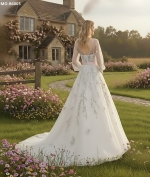 Ball Gown Pink Color Embroidery Floral Lace Appliqued Tulle with Sheer Lacy Bishop Long Sleeves Wedding Dress - MO-B6003