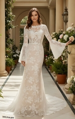 Sheath Sequined Floral Lace Bell Long Sleeves Boho Wedding Dress - MO-S6001-A
