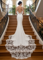 Wedding Dress - Crepe  Fitted and Flare Cowl Neckline with Rosy Cut-Out Train - OU-F2011