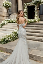 Wedding Dress - Beaded and Sequined Floral Lace Appliqued Tulle Off-Shoulder Mermaid with 3 Layered Skirt and Train - LV-M5003