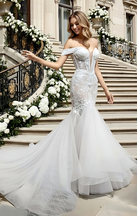 Wedding Dress - Beaded and Sequined Floral Lace Appliqued Tulle Off-Shoulder Mermaid with 3 Layered Skirt and Train - LV-M5003