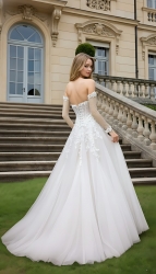 Wedding Dress - 3-D Floral Lace Applique Tulle Ruched Bodice Basque Waist A-line with Detachable Long Sleeves - LV-A6005