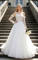 Wedding Dress - 3-D Floral Lace Applique Tulle Ruched Bodice Basque Waist A-line with Detachable Long Sleeves - LV-A6005