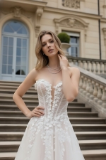 Wedding Dress - 3-D Floral Lace Applique Tulle Ruched Bodice Basque Waist A-line with Detachable Long Sleeves - LV-A6005