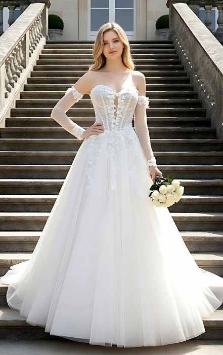 Wedding Dress - 3-D Floral Lace Applique Tulle Ruched Bodice Basque Waist A-line with Detachable Long Sleeves - LV-A6005