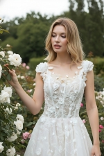 Wedding Dress - 3-D Beaded Floral lace Applique Tulle A-line with Handmade 3-D Roses Neckline - LV-A3005