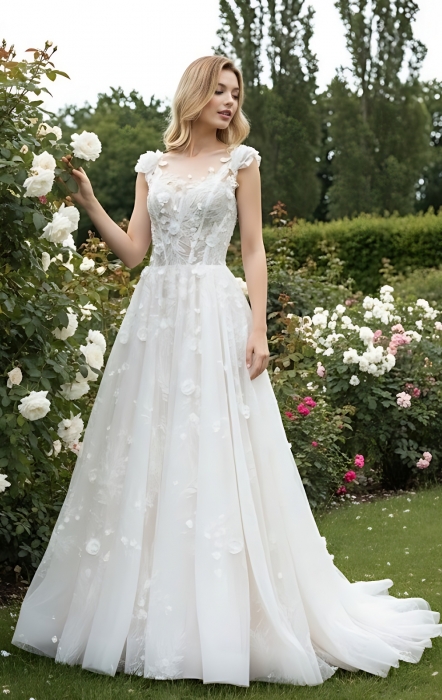 Wedding Dress - 3-D Beaded Floral lace Applique Tulle A-line with Handmade 3-D Roses Neckline - LV-A3005