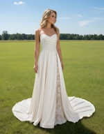 A-Line Soft Satin Pleated Sweetheart Slit Skirt Wedding Dress with Beaded Lace Appliques - OU-A1007