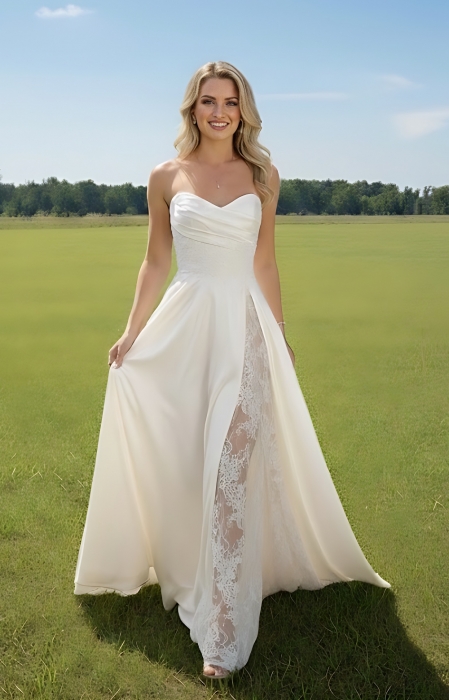 A-Line Soft Satin Pleated Sweetheart Slit Skirt Wedding Dress with Beaded Lace Appliques - OU-A1007