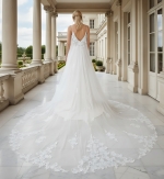 Sheath Crepe Beaded and Sequined Floral Lace Pleated Slit Skirt with Detachable Lacy Cape Wedding Dress - MO-S2001CP