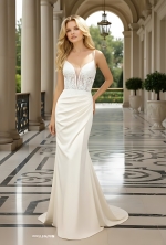 Sheath Crepe Beaded and Sequined Floral Lace Pleated Slit Skirt with Detachable Lacy Cape Wedding Dress - MO-S2001CP
