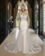 Sheath Crepe Beaded and Sequined Floral Lace Pleated Slit Skirt with Detachable Lacy Cape Wedding Dress - MO-S2001CP