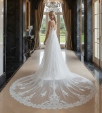 Sheath Crepe Beaded and Sequined Floral Lace Pleated Slit Skirt with Detachable Lacy Cape Wedding Dress - MO-S2001CP