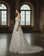 Wedding Dress - A-Line Off-the-Shoulder Sweetheart Corset Bodice Low Back with Buttons Wedding Dress - LV-A5008