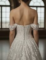 Wedding Dress - A-Line Off-the-Shoulder Sweetheart Corset Bodice Low Back with Buttons Wedding Dress - LV-A5008