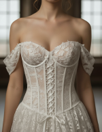 Wedding Dress - A-Line Off-the-Shoulder Sweetheart Corset Bodice Low Back with Buttons Wedding Dress - LV-A5008