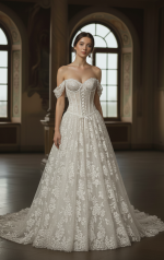 Wedding Dress - A-Line Off-the-Shoulder Sweetheart Corset Bodice Low Back with Buttons Wedding Dress - LV-A5008