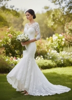 Mermaid/Trumpet Silhouette Elegant Lace Illusion with High-Low Hem - LV-M6008
