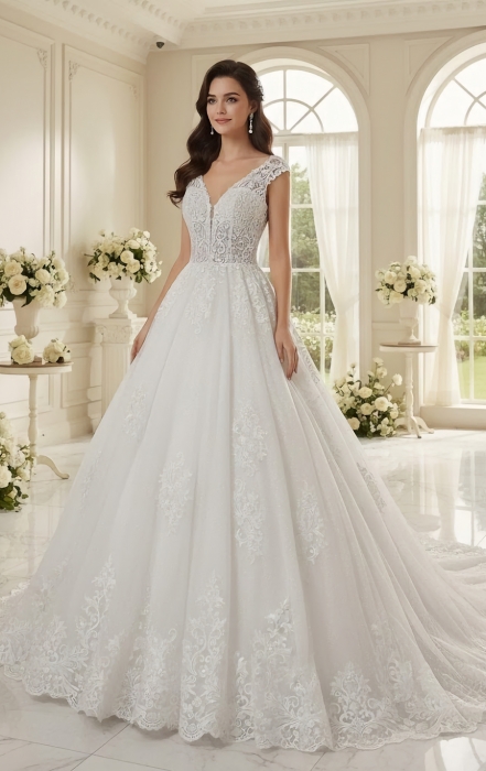  Wedding Dress - Heavy Lace Appliques Tulle Ball Gown - BLL-B34558