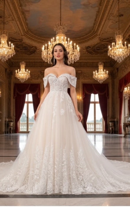 Wedding Dress - Off-Shoulder Lace & Tulle Ballgown Wedding Dress -  BLL-B54663