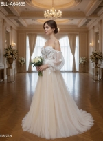 Detachable Off-the-Shoulder Bishop Long Sleeves Tulle A-Line Wedding Dress - BLL-A64669