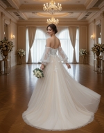 Detachable Off-the-Shoulder Bishop Long Sleeves Tulle A-Line Wedding Dress - BLL-A64669