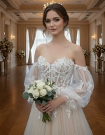 Detachable Off-the-Shoulder Bishop Long Sleeves Tulle A-Line Wedding Dress - BLL-A64669