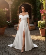 Modern Off-the-Shoulder Satin A-Line Gown with Slit - BLL-A54638